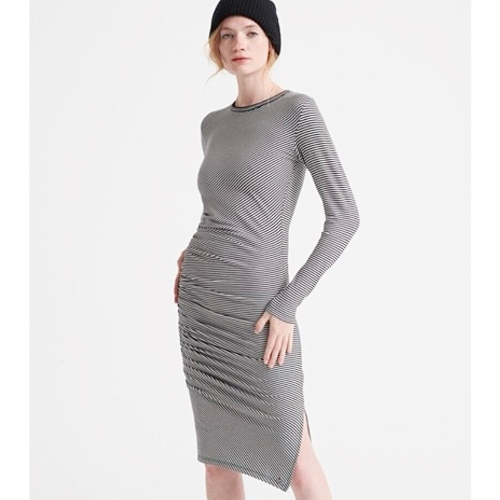 Superdry Rouched Midi Long Sleeve Bodycon Dress 6 Black White Stripe casual cute